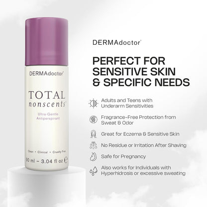 DERMAdoctor Total NonScents Ultra-Gentle Antiperspirant for Sensitive Skin. Unscented, Clinical Strength Antiperspirant for Men & Women; Hypoallergenic Roll On Deodorant - 3 oz