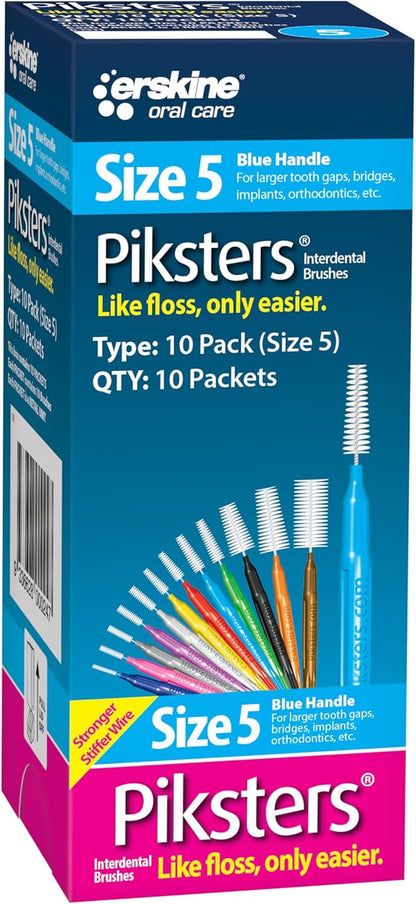 Piksters Interdental Brushes, Size 5, 100 Count (10 x 10 Packs), Interdental Tooth Brush for Large Gaps, Gum Soft Bristles for Plaque Removal, Safe for Braces (100 pk)