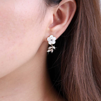 Vintage Crystal Flower Earrings Rhinestone Leaf Drop Earrings White Camellia Stud Earring Gold Cz Flower Bridal Earrings Jewelry for Women
