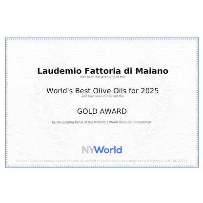 Sanniti Laudemio Organic Extra Virgin Olive Oil Fattoria di Maiano, Gold Award Winner at NYIOOC World Olive Oil Competition, 16.9 oz