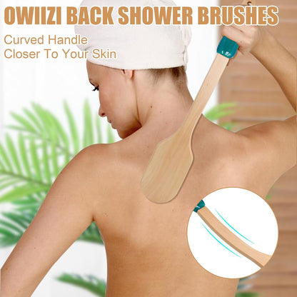 OWIIZI Back Scrubber for Shower,Stiff Boar Bristles Wooden Curved Long Handle Antiskid Body Bath Brush for Back Use Wet or Dry,Deep Cleanse Large Surface Back Scrub Brush