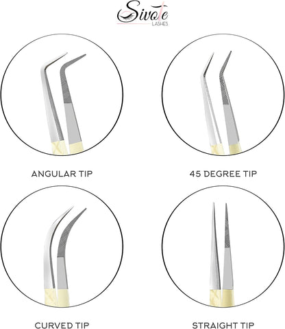 SIVOTE Fiber Tips Lash Tweezers for Eyelash Extensions, Set of 4, Curved, Dolphin, 90 Degree & 45 Degree Tweezer, Vanilla