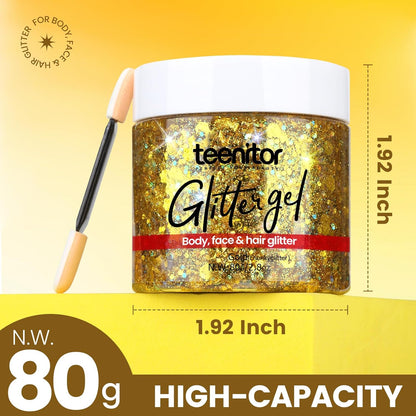 Teenitor Body Glitter, Gold Face Glitter Gel Hair Glitter for Kids, 80g/2.8oz Gold Glitter for Face, Makeup, Hair, Eye, Face Glitter for Women