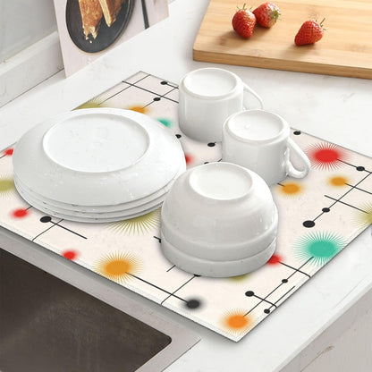 Mid Century Modern Dish Drying Mat for Kitchen Counter Yellow Washable Absorbent Reversible Microfiber Retro Drying Pad Kitchen Accessories 16x18 Inch