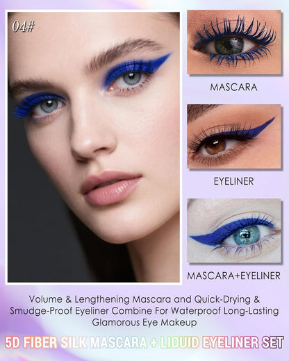 Blue Mascara Liquid Eyeliner Set, Update Longlasting Waterproof Color Eye Liner Pen, 5D Silk Fiber Colored Mascara Volume and Length, Halloween Party Stage Use Eye Makeup Gift Kit for Women Girl-04
