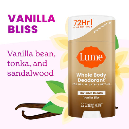 Lume Whole Body Deodorant - Invisible Cream Stick - 72 Hour Odor Control - Doctor Developed - Aluminum Free, Baking Soda Free and Skin Loving - 2.2 Ounce (Pack of 2) (Vanilla Bliss)