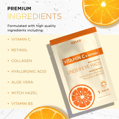AZURE Vitamin C Brightening Under Eye Pads - Anti Aging, Lifting & Moisturizing Eye Mask Patches - Reduces Fine Lines, Wrinkles, Dark Circles & Puffiness - Skin Care Made in Korea - 5 Pairs