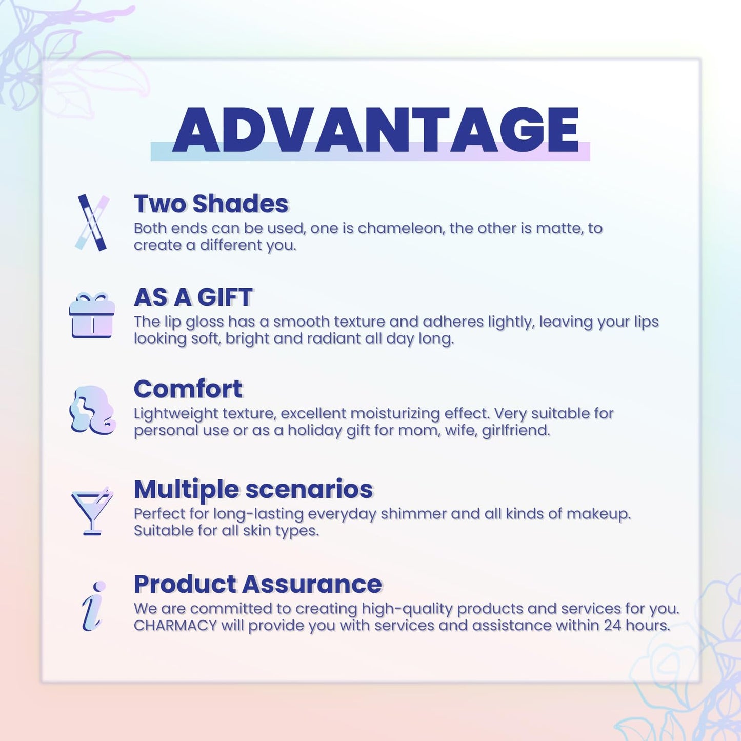 CHARMACY 2 In 1 Multichrome Moisturizing Lip Gloss, Double Head Liquid Lipstick, Mirror Waterproof Long Lasting No Fading Lip Balm, Hydrating Lip Plumper Waterlight Glossy Makeup #003