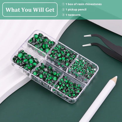 Resin Rhinestones for Crafting, 1 Box Dark Green Multi Sizes Flatback Bedazzling Crystals for Crafts Nail Art Deco, Non Hotfix Gems Charms for Tumbler Shoes Clothing Fabric Face Makeup