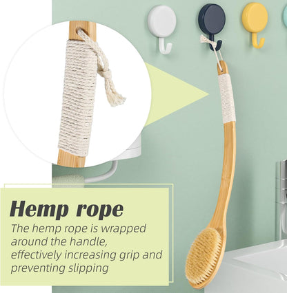 Bath Body Brush Shower, 22" Super Long Curved Bamboo Handle Antiskid Back Body Scrubber Wet/Dry Brushing, Moderately Soft Natural Bristle Body Brush for Showering