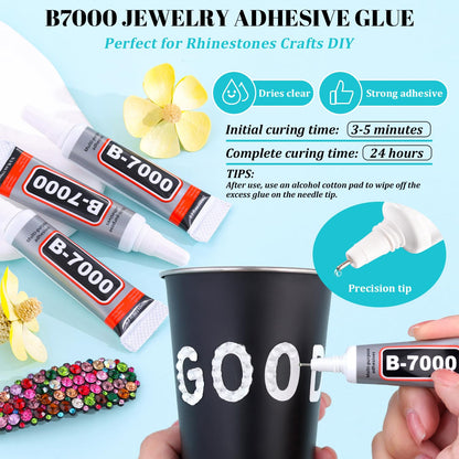 6100Pcs Resin Rhinestones for Crafting with 2Pcs 10ml B7000 Jewelry Glue, 1 Box Flatback Crystals Diamond (Transparent) for Bedazzling Crafts DIY Nail Art，Non Hotfix Gems for Clothing Shoes Tumblers