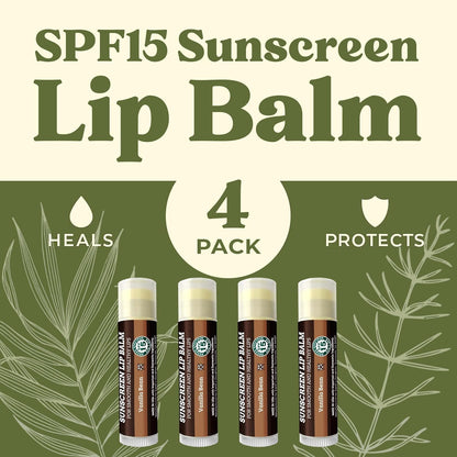Earth's Daughter SPF Lip Balm 4-Pack - Lip Sunscreen, SPF 15, Organic Ingredients, Vanilla Flavor, Beeswax, Coconut Oil, Vitamin E - Hypoallergenic, Paraben Free, Gluten Free