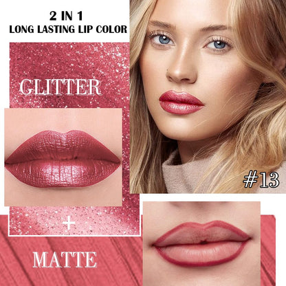 Kaely 2-in-1 Mauve Red Metallic Lipstick and Lip Liner, Shimmer Liquid Metallic Lipsticks for Women, Glitter Lip Gloss Stain Long Lasting Waterproof Smudge Proof 24 Hour, Vegan Makeup, 13