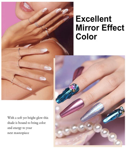 Chrome Nail Powder Set - Metallic Mirror Effect Holographic White Pearl Chrome Nail Powder for Gel Nails DIY Manicure Nail Art Decoration Gift for Women