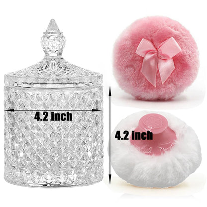 Luxury 4.2 Inch Glass Powder Container with 2 Plush Puffs｜Non-Sealed Refillable Organizer for Body Powder&Makeup｜Setting Powder Applicator w/Loose Powder Storage(Pointed Cylinder-Clear-Large)