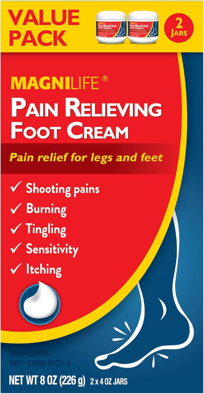 MagniLife Pain Relieving Foot Cream, All-Natural Moisturizing Foot Pain Relief with Beeswax and Eucalyptus to Soothe Soreness, Burning, Tingling, and Sensitivity (2 Pack-4oz Jars)