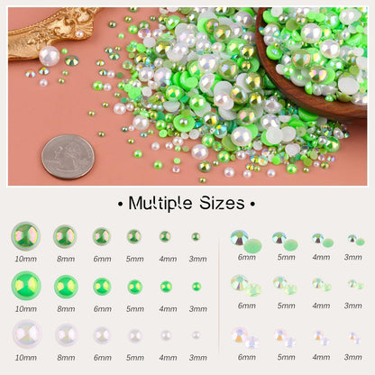 80g Flatback Pearls and Rhinestones for Crafting, Green 3-10mm Resin Rhinestones and Half Pearls for Bedazzling, Nail Art and Dec with 3pcs 10ml B7000 Jewelry Glue, Tweezer and Pickup Pencil