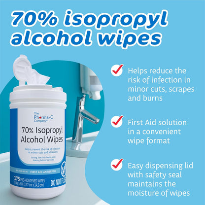 The Pharma-C Company - 70% Isopropyl Alcohol Wipes - Bulk Large Durable IPA Wipes. First-Aid Antiseptic Wound Cleaner with Moisture Lock Lid. (Case of 6 Canisters)