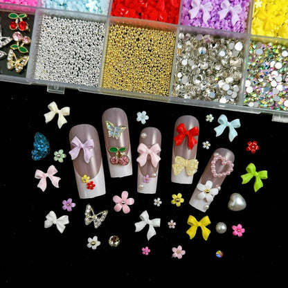 3D Colorful Flower Nail Charms, Flatback Pearl Bow Nail Charms and Gems, Alloy Cherry Butterfly Charms for Nails Design, Gold Caviar Beads Nail Rhinestones Manicure Charms for Practical DIY Tools