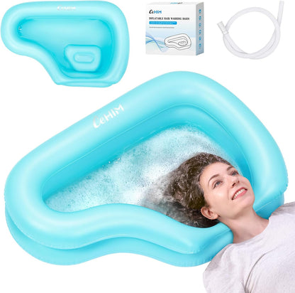 Portable Inflatable Shampoo Basin for Bedridden & Elderly - Zero Pooling Design | Fast-Drain Slope & Neck Support | Portable Hair Wash Bowl, Drain Hose | Hospital PVC | Home Use (Blue, Large)