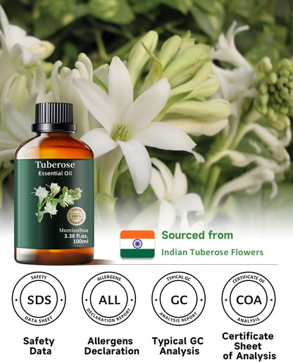 Mumianhua Tuberose Essential Oil 100% Pure Therapeutic Grade Natural Flower Tuberose Oil for Diffuser, Massage, Yoga, Skin,Hair, DIY Perfumes & Fragrance Candle Making Scents 3.38 Fl Oz