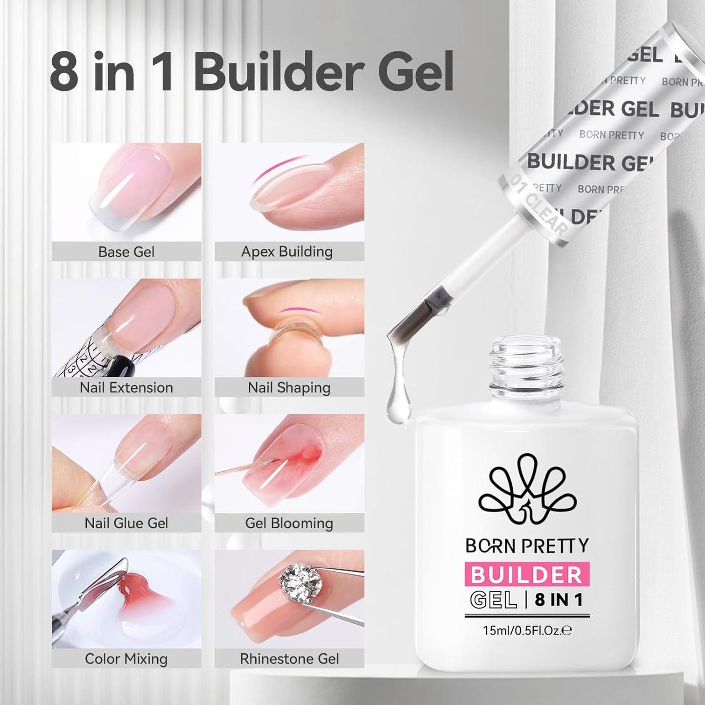 Born Pretty Glossy Top Gel, Clear Builder Nail Gel for Nails, 8 in 1 Nail Strengthener in a Bottle, Builder Extension Gel for Nails Shine Finish and Long Lasting Nail Protection Soak Off 15ml 2pcs