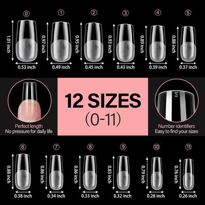 AILLSA Medium Square Nail Tips Full Cover Half Matte Tips Nail Clear Gelly Pre-Shaped Nail Tips Press On False Nail Tip Extension for Home DIY Manicure Salon 216PCS 12 Sizes