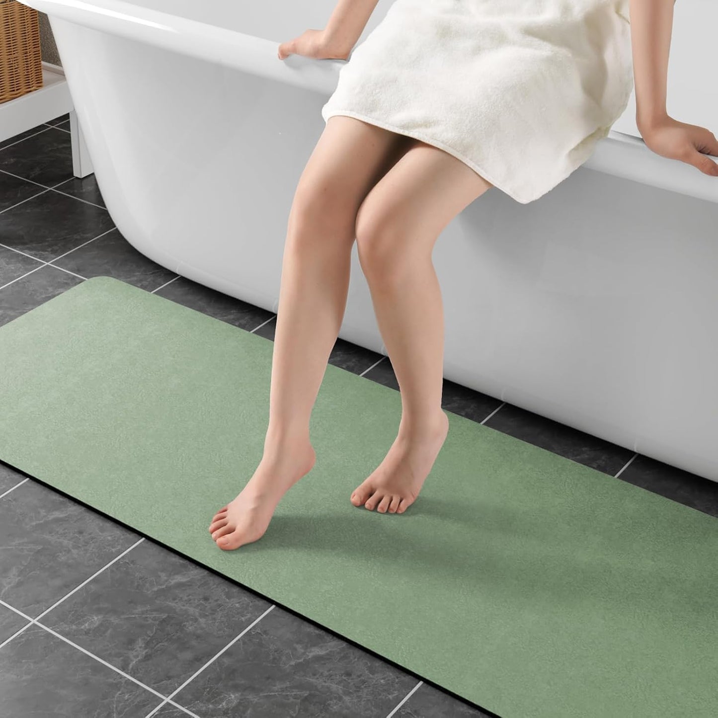 Sage Green Long Bathroom Mat Rugs 59x17 Diatomaceous Earth Bath Mat Large Quick Dry Bath Mat Non Slip Rubber Backed Super Absorbent Shower Mat, Thin Bathroom Runner Rugs Floor Mat Fit Under Door