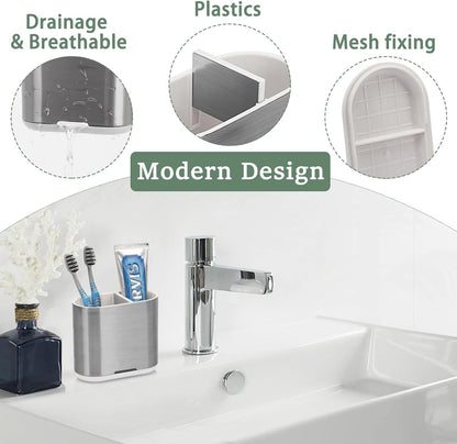 Toothbrush and Toothpaste Holder with Divider for Bathroom Countertop Organizer, 2 Slots Electric Toothbrush Holders Storage Caddy Drainage for Family, Kids (Brushed Silver)