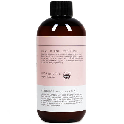 Rose Water Spray for Face & Hair (Refill) - Organic USDA Certified Rosewater Facial Toner - Alcohol-Free Makeup Setting Hydrating Face Mist - Anti-Aging Toner Spray - 8 Fl Oz