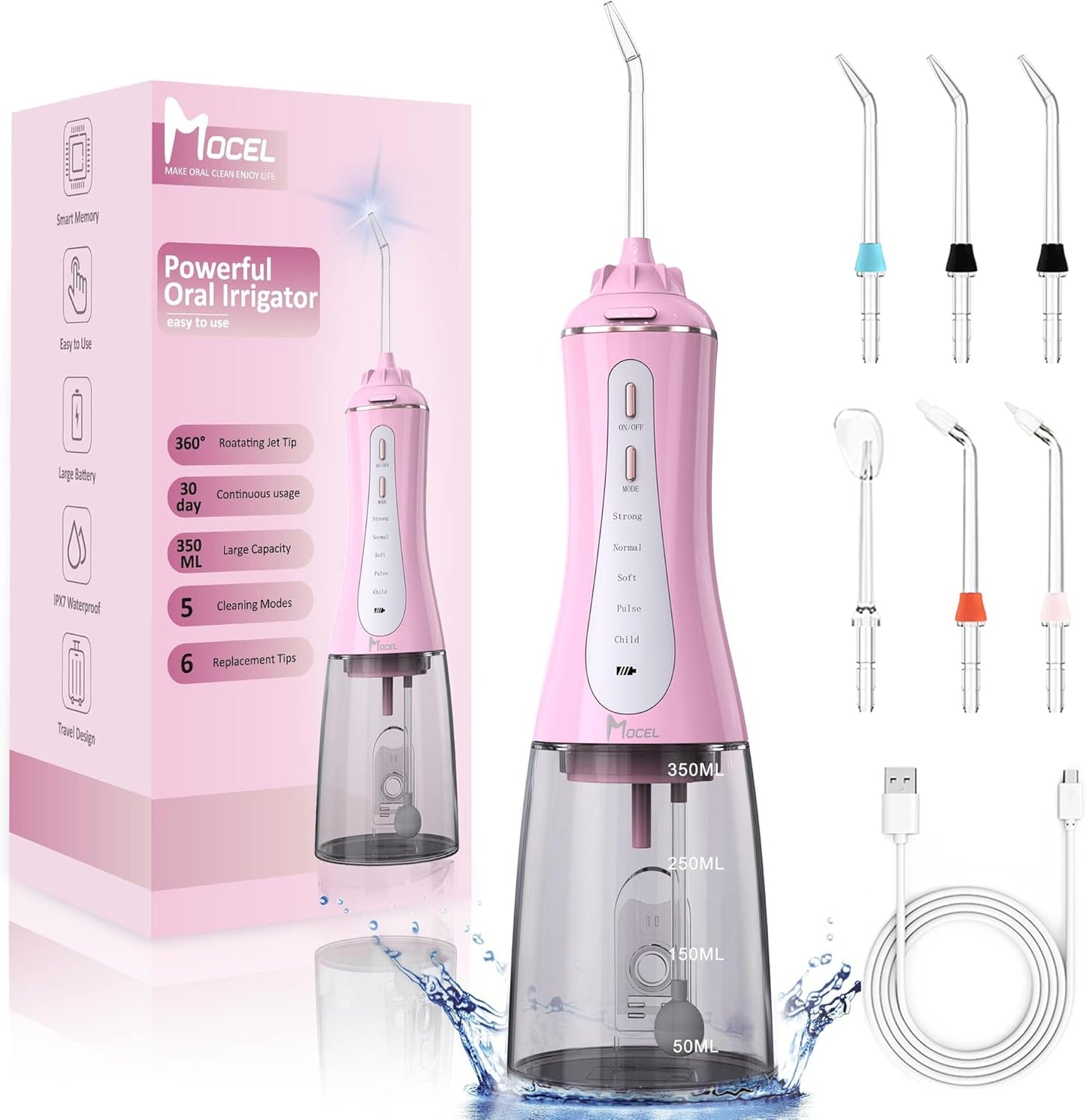 Water Dental Flosser for Teeth - 350ML Large Tank 5 Modes & 6 Tips Cordless, Oral Irrigator Waterproof, Portable Teeth Cleaning and Flossing with Effective Plaque Remover for Adults (Pink)