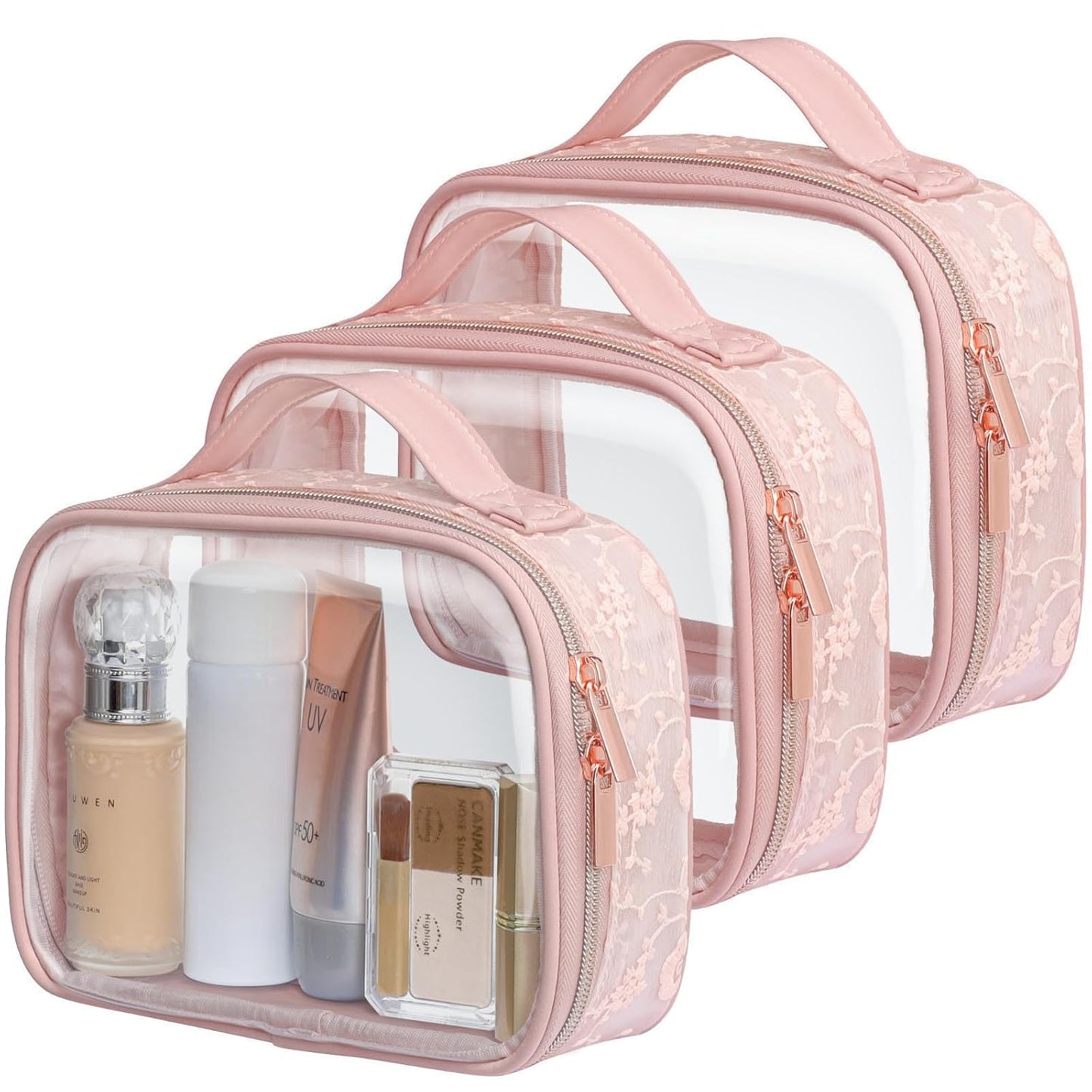 PACKISM TSA Approved Toiletry Bag - Floral Texture Lace Clear Makeup Bags with Handle, Clamshell Closing 180° Opening, Clear Toiletry Bags for Travel Essentials, 0.5 mm Thick, Pink