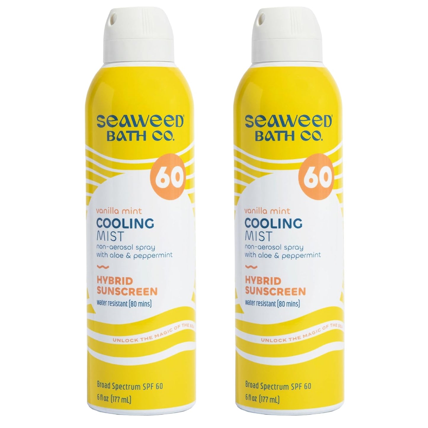 Seaweed Bath Co. Cooling Mist SPF 60 Sport Broad Spectrum Hybrid Sunscreen Spray, 6 Ounce (Pack of 2), Sustainably Harvested Seaweed, Aloe, Peppermint