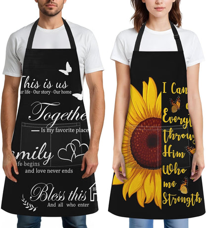 2 Pack Aprons, Sunflower Butterfly Adjustable Bib Aprons with 2 Pockets for Women Men Couple Lovers Chef Home Kitchen Cooking Baking Gardening Black Yellow Apron 32x28 Inches