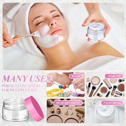 SATINIOR 24 Pieces Empty Clear Plastic Jars with Lids Round Storage Containers Wide Mouth for Beauty Product Cosmetic Cream Lotion Liquid Butter Craft and Food(Pink Lid,1 oz)