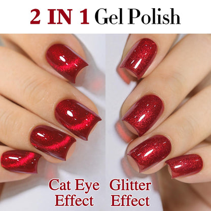 Double Rhythm Jelly Glass Cat Eye Gel Polish with Magnet 15ML Holographic Glitter Shimmer Translucent Sheer Color Magnetic Nail Polish Salon DIY at Home (Blood Red-MC1107)