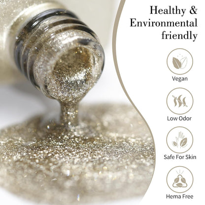 CANNI Champagne Gold Glitter Gel Polish – 9ML Sparkly Soak-Off UV/LED Gel Nail Polish, Shiny Metallic Finish for French Manicure, DIY or Salon Use