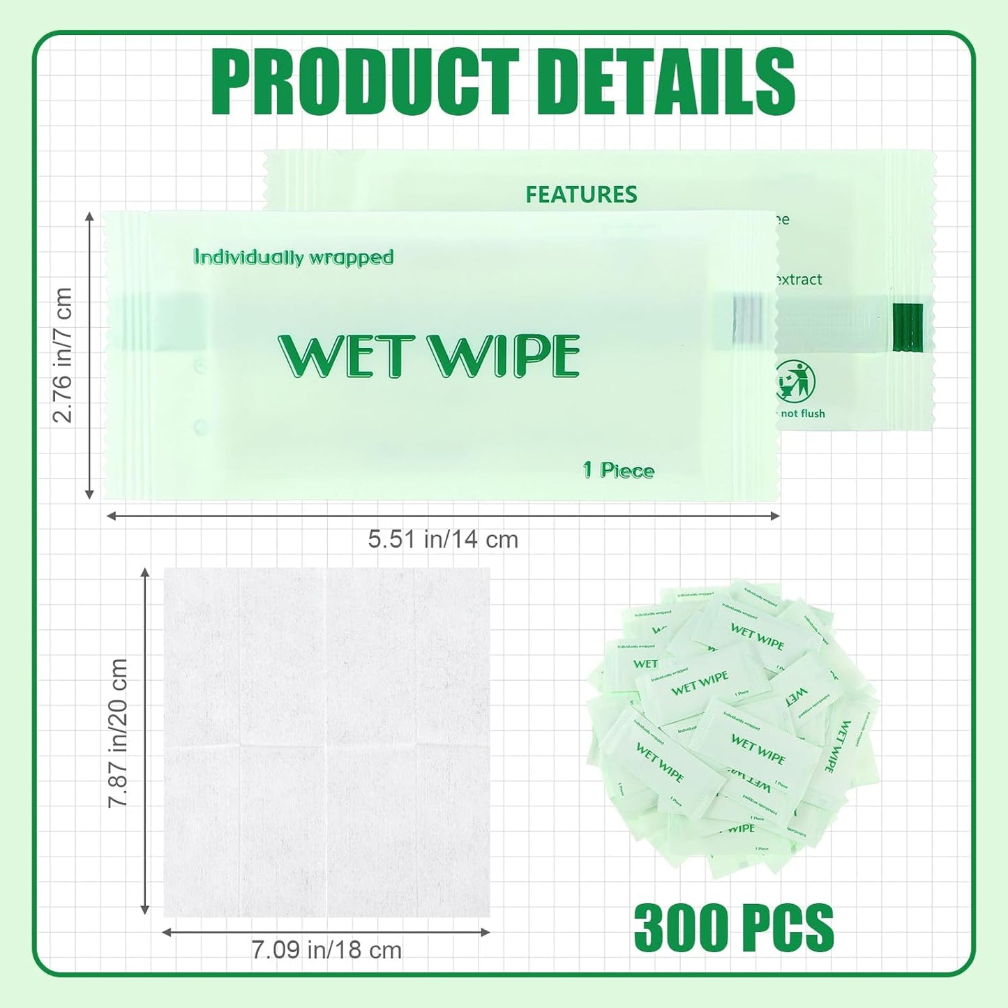 Timgle 300 Pack Individually Wrapped Wet Wipes Bulk Travel Size Unscented Hand Wipes Packets, Wet Napkins Clean Hands Quickly for Travel Homeless Restaurant Barbecue Wedding(Green)
