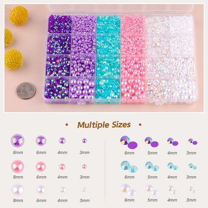 9000PCS Flatback Pearls and Rhinestones for Crafting, Pink Purple 3-10mm Resin Rhinestones and Half Pearls for Bedazzling, Nail Art and Dec with 3pcs B7000 Jewelry Glue, Tweezer and Pickup Pencil