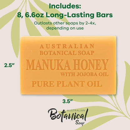 Australian Botanical Soap, 6.6 OZ, Manuka Honey and Jojoba Oil, Triple Milled Bars made with a Natural Soap Base and Enriched with Organic Shea Butter, Pack of 8