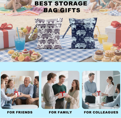 2Pcs Elephant Wet Bag 12x10 Inch, Exotic Elephants Waterproof Travel Laundry Bags, Washable Reusable Wet Dry Bag for Swimsuit Beach Diapers Dirty Yoga Gym Clothes, Elephant Gifts for Women Friend