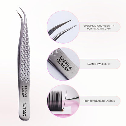Curacoro Lash Tweezer - Professional & Precision Fiber Tip Grip Lash Tweezers for Eyelash Extensions, Multi Shapes & Purposes Tweezers for Volume, Isolation & Classic Lashes (Silver, Lashy and Classy)