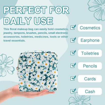 Waterproof Mini Floral Makeup Bag Pouch for Purse,Nylon Flower Cosmetic Travel Bag Small Preppy Toiletry Organizers Bag for Women Girl,Cute Zipper Pouch Coin Purse for Work(Mini Green-Daisy)