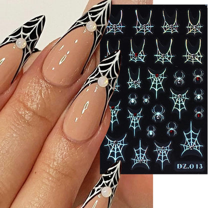 3 Sheets Spider Web Nail Stickers for Nail Art Gold Silver Halloween Nail Art Stickers Holographic Laser Spider Nail Decals With Diamond Designs 5D Self-Adhesive Scary Halloween Nail Sticker for Women