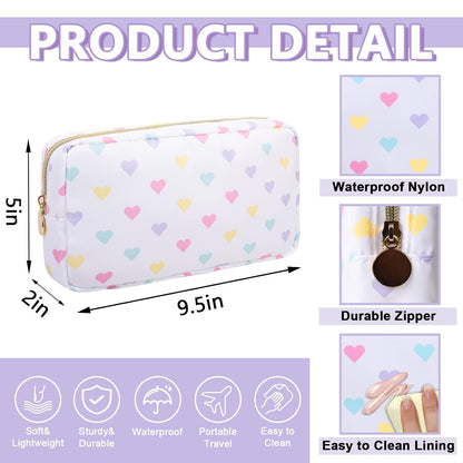 Small Makeup Bag Pouch for Purse，Nylon Travel Toiletry Storage Bag Cute Makeup Organizer Bag for Women Girls，Preppy Waterproof Cosmetic Bag Pouch Skincare Bag Purse with Zipper (Small-White Heart)