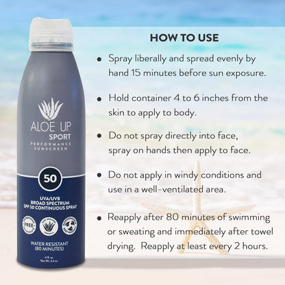Aloe Up Sport Continuous Spray Sunscreen SPF 50- Broad Spectrum UVA/UVB Sunscreen Protector for Face and Body With Aloe Vera Gel Fast Absorbing Sheer Formula Reef Safe Fragrance-Free - 6 Oz 2 pack