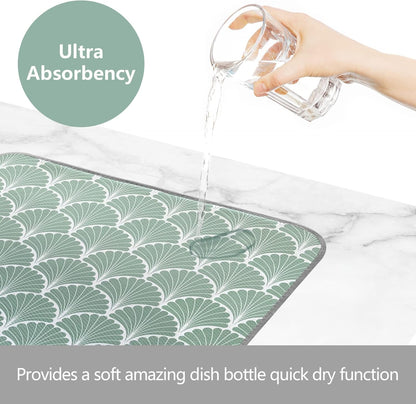 SHIYUE Dish Drying Mat for Kitchen Counter Super Absorbent Spring Kitchen Decor Microfiber Drying Matainers Rack Fast Pad Dish Drainer Mats(Green Shell Geometric,16''x18'')