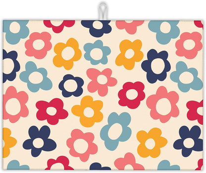 Vintage Groovy Flowers Dish Drying Rack Mats Decor,Colorful Daisy Dish Pad Drying Mat Kitchen Counter 18x24 Inch Absorbent Reversible Microfiber for Coffee Bar Sink Countertop