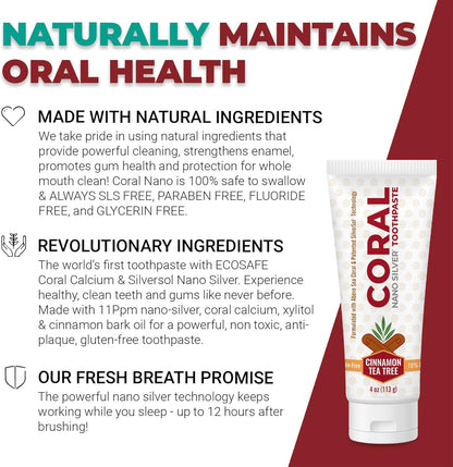 Coral Nano Silver Cinnamon Tea Tree Toothpaste, Natural Fluoride Free Teeth Whitening Toothpaste, Coral Calcium Nano Silver Infused SLS Free 4 Ounce