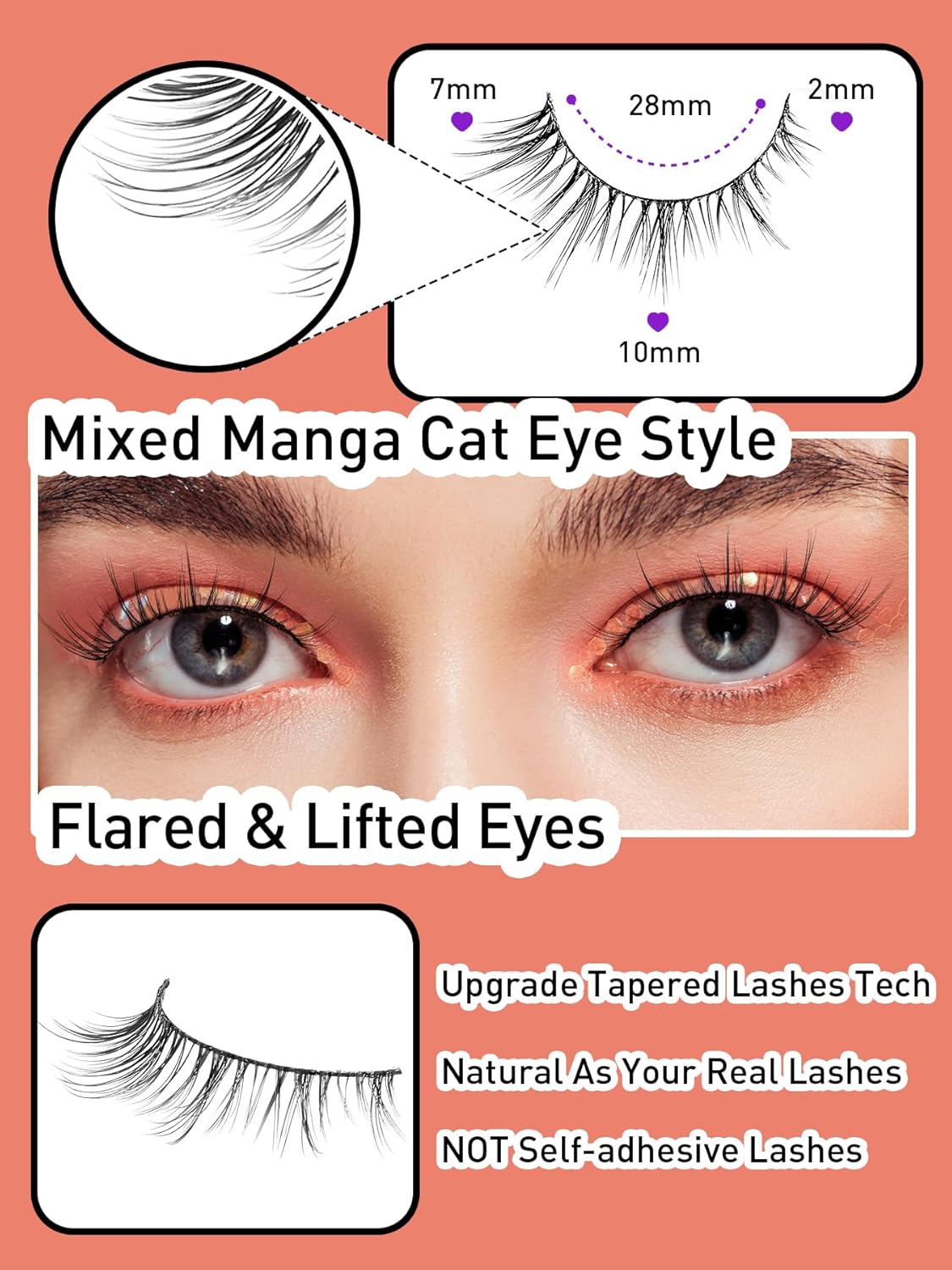 Natural Eyelashes 10MM Short Lashes Cat Eye Lashes Wispy False Eyelashes Manga Lashes Soft Strip Lashes 3D Volume Lashes Fake Eyelashes 7 Pair Siligli